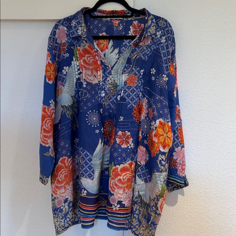 Johnny Was Blue Floral Geometric Print Kimono Top